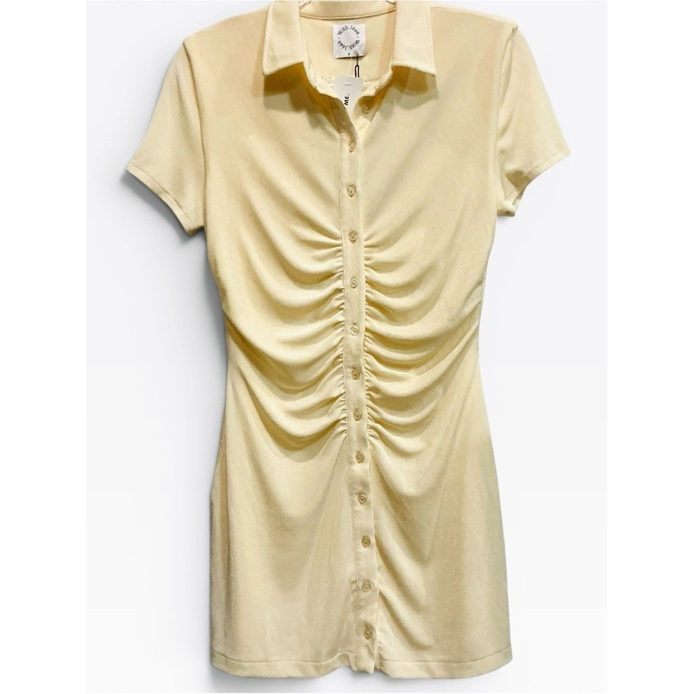 NWT With Jean ALEXA Buttercream Yellow Ruched Slinky Mini Shirt DRESS Small New